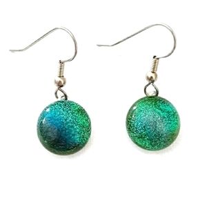 Blue and green dichroic glass dangle earrings with silver hooks new